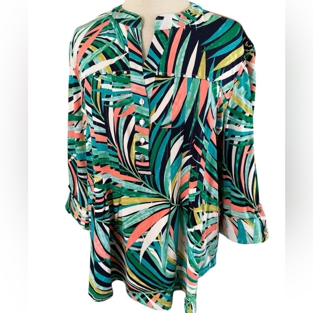COCOMO XL Green Multicolored 3/4 sleeve Studded women’s Pintuck Blouse t… - Picture 5 of 12